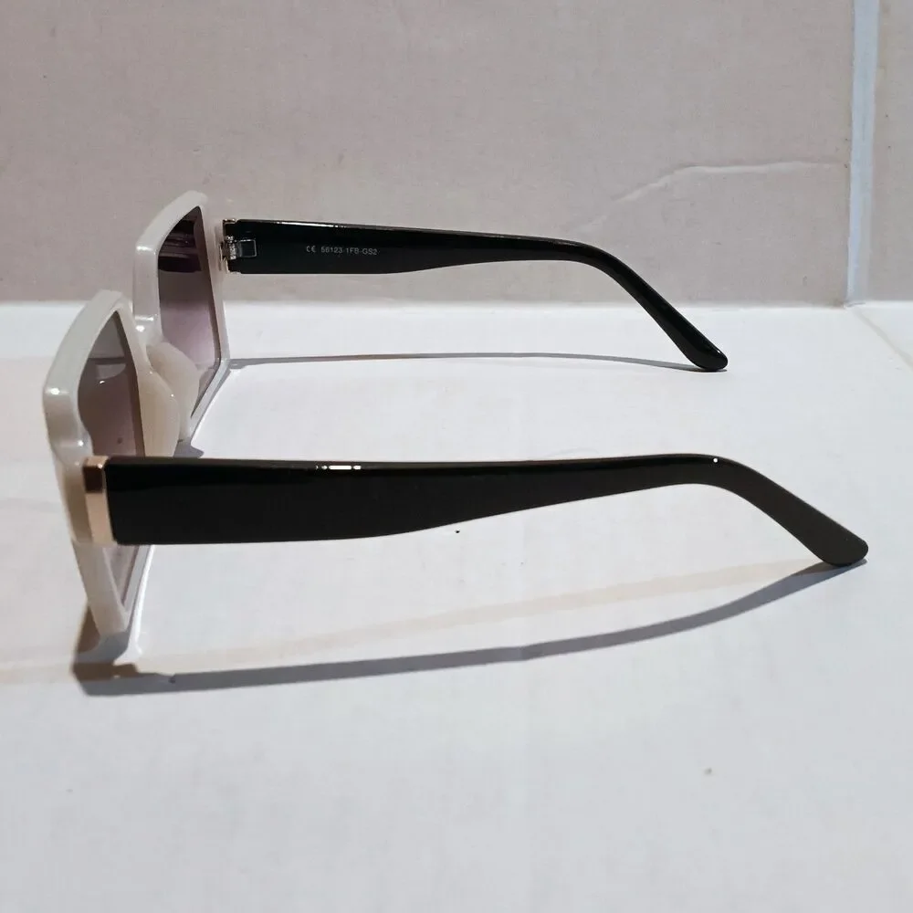 Womens Oversized Flat Top Square Sunglasses-Violet Lenses-White-Black-Gold Detai